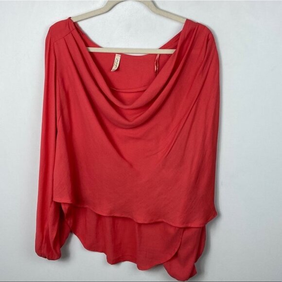 Free People Coral Pink Cowl Neck‎ Drape Blouse Top Size XS Raglan Sleeves Boho - Picture 9 of 10
